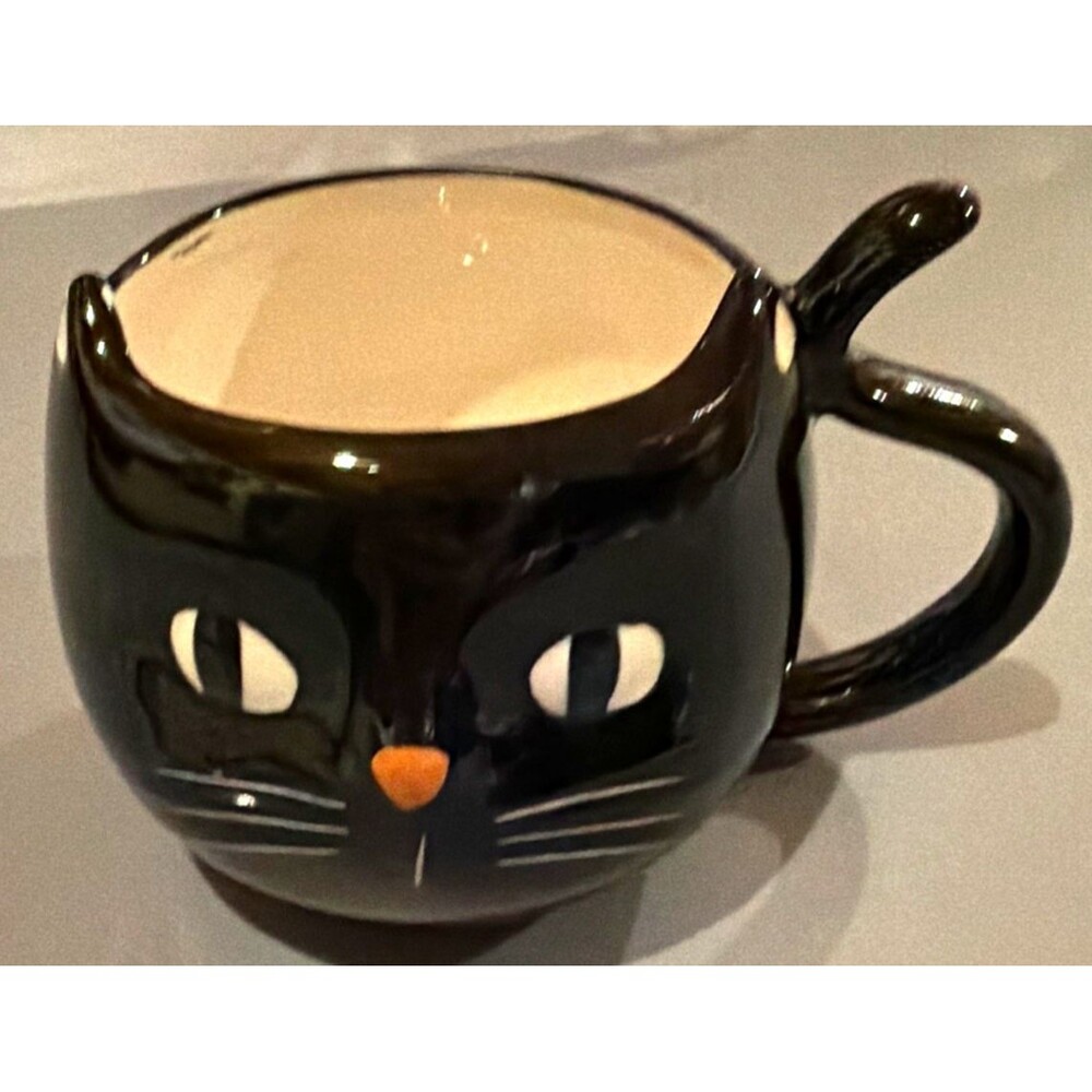 Black Cat Face Shaped Ceramic Mug with Tail Handle Cat Design New